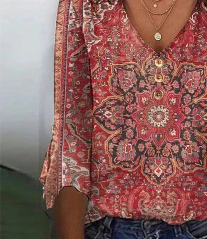 Blusa Mujer Estampado Boho Oriental para Verano en Rojo 4