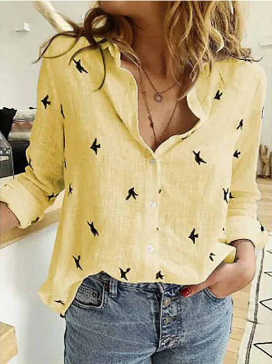 Blusa Mujer Lino Vintage Estampado Floral en Amarillo