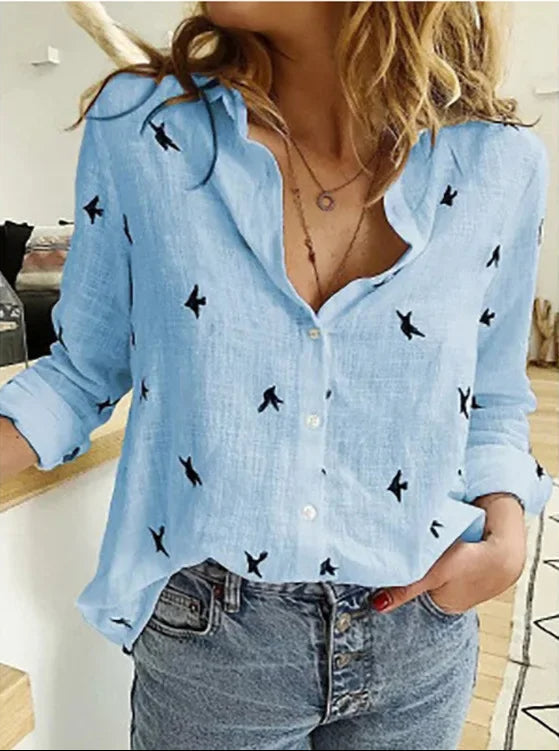 Blusa Mujer Lino Vintage Estampado Floral en Azul