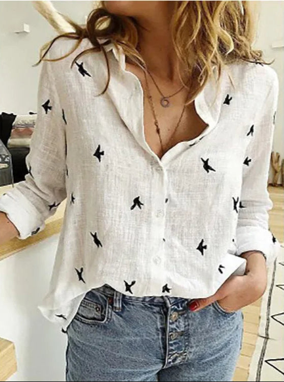 Blusa Mujer Lino Vintage Estampado Floral en Blanco