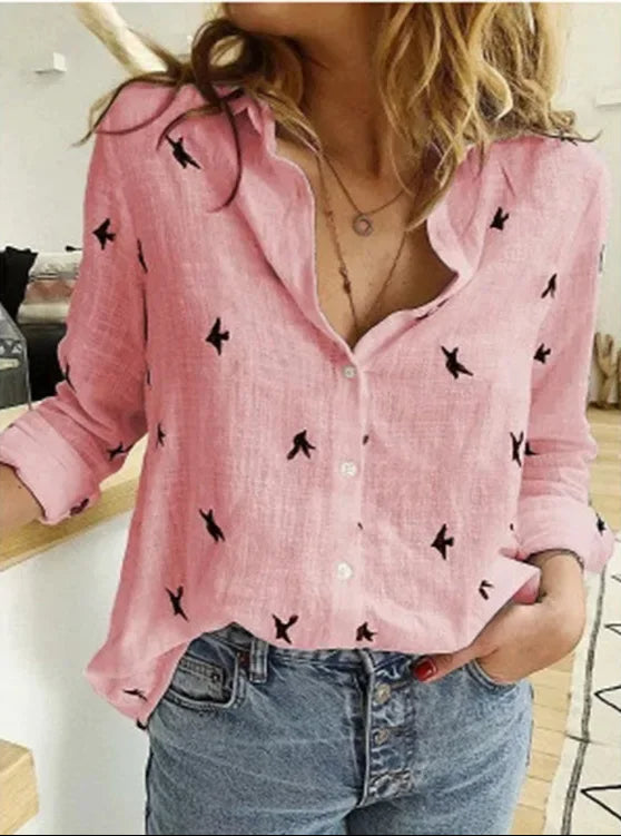 Blusa Mujer Lino Vintage Estampado Floral en Rosa
