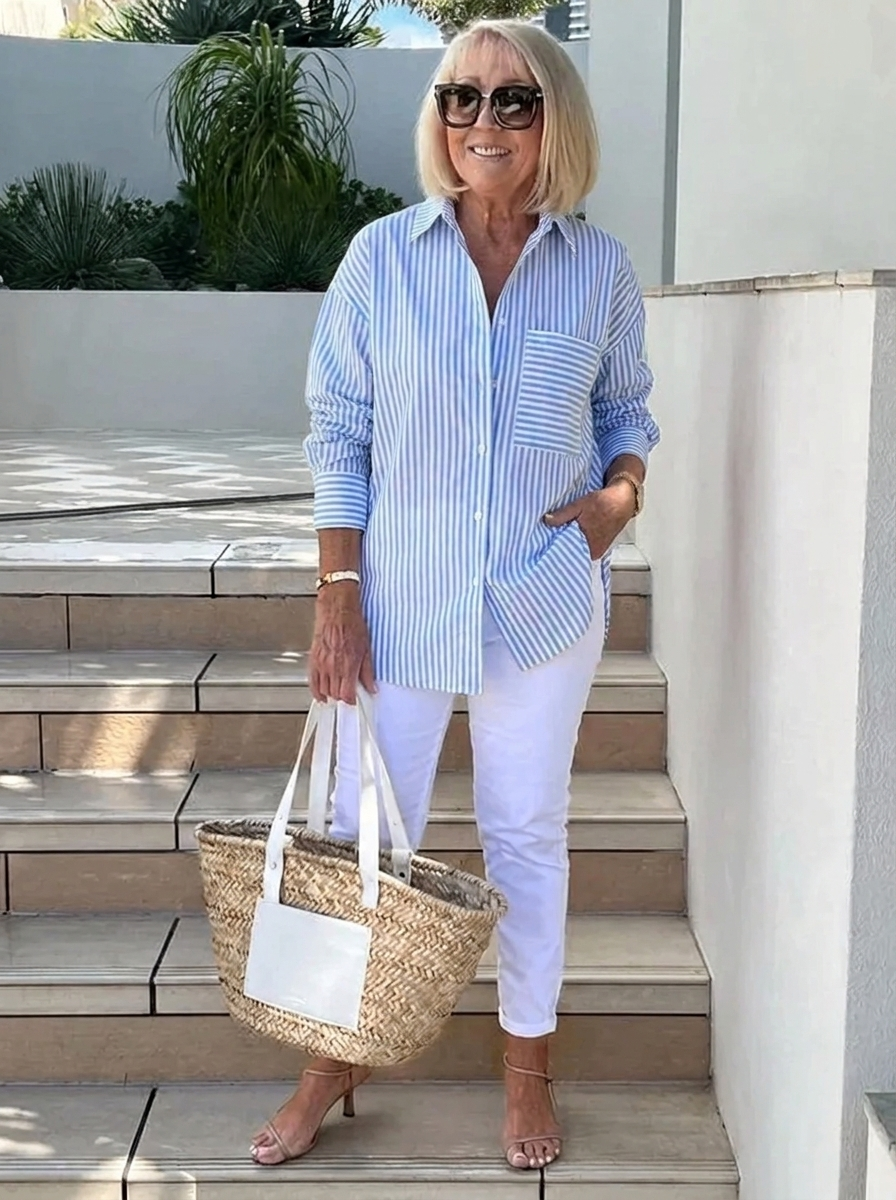 Camisa Elegante de Lino a Rayas en Marineblau (Fast ausverkauft)