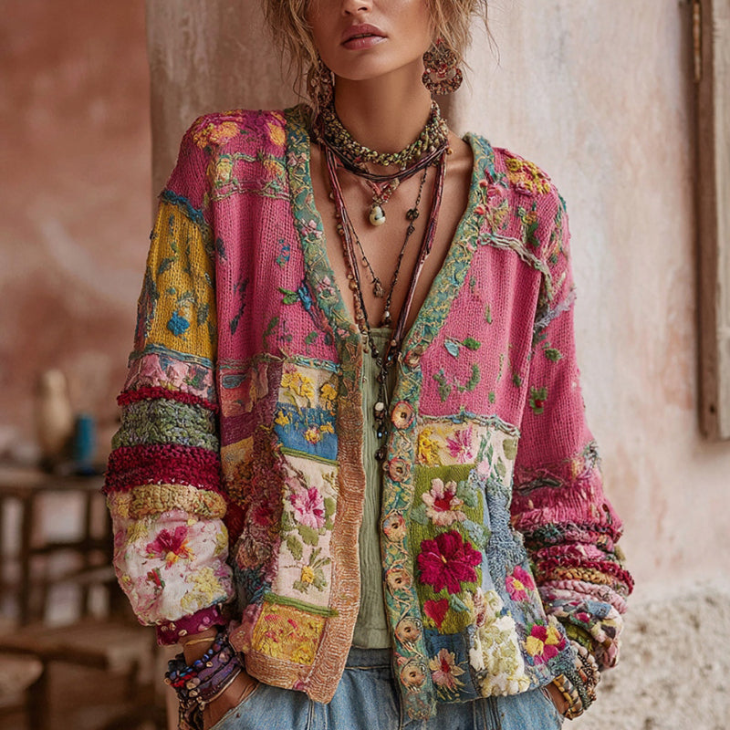 Cardigan de Punto Floral Vintage en Rosa