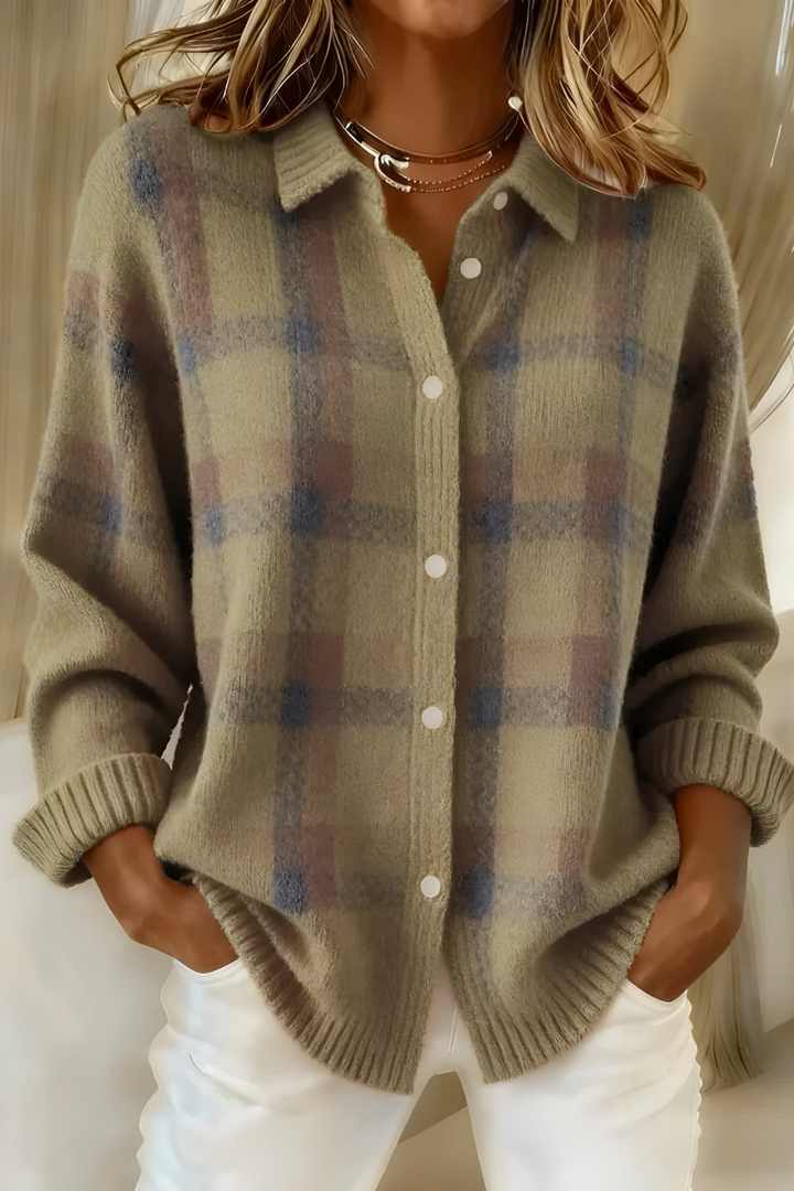 Chaqueta de Punto a Cuadros Acogedora en Marrón