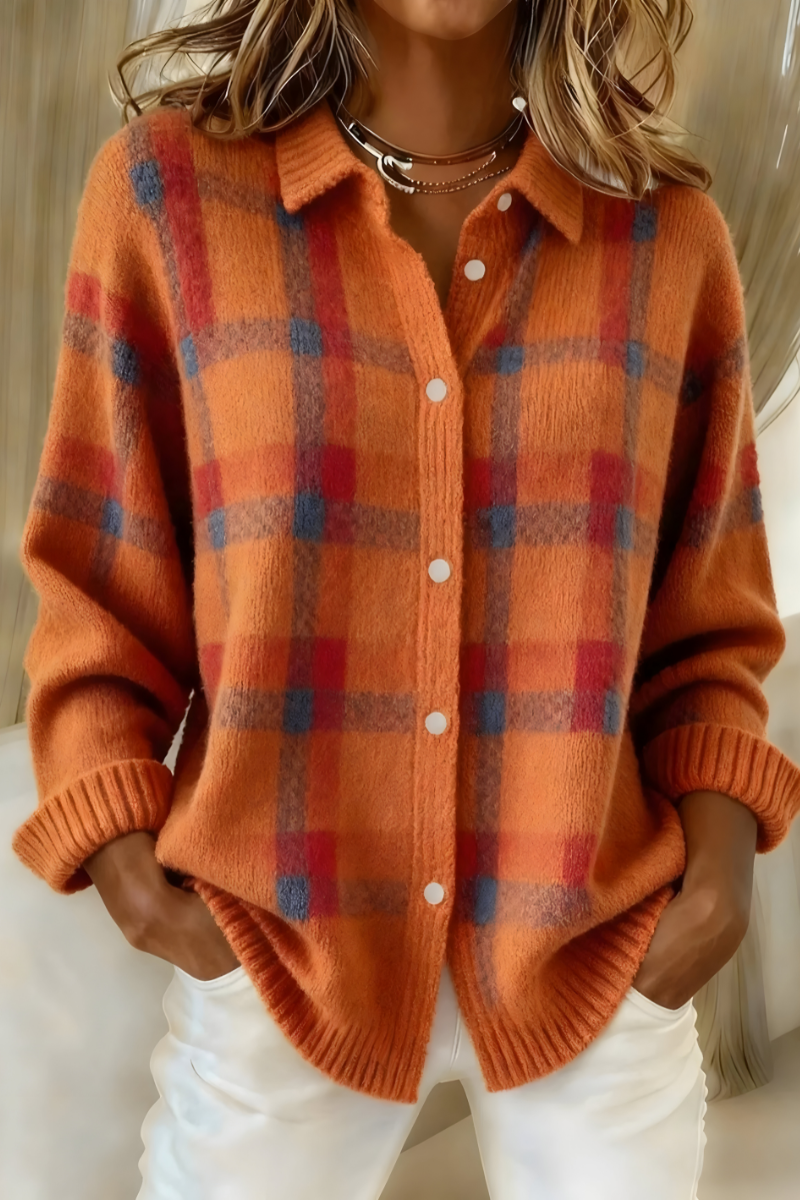 Chaqueta de Punto a Cuadros Acogedora en Naranja