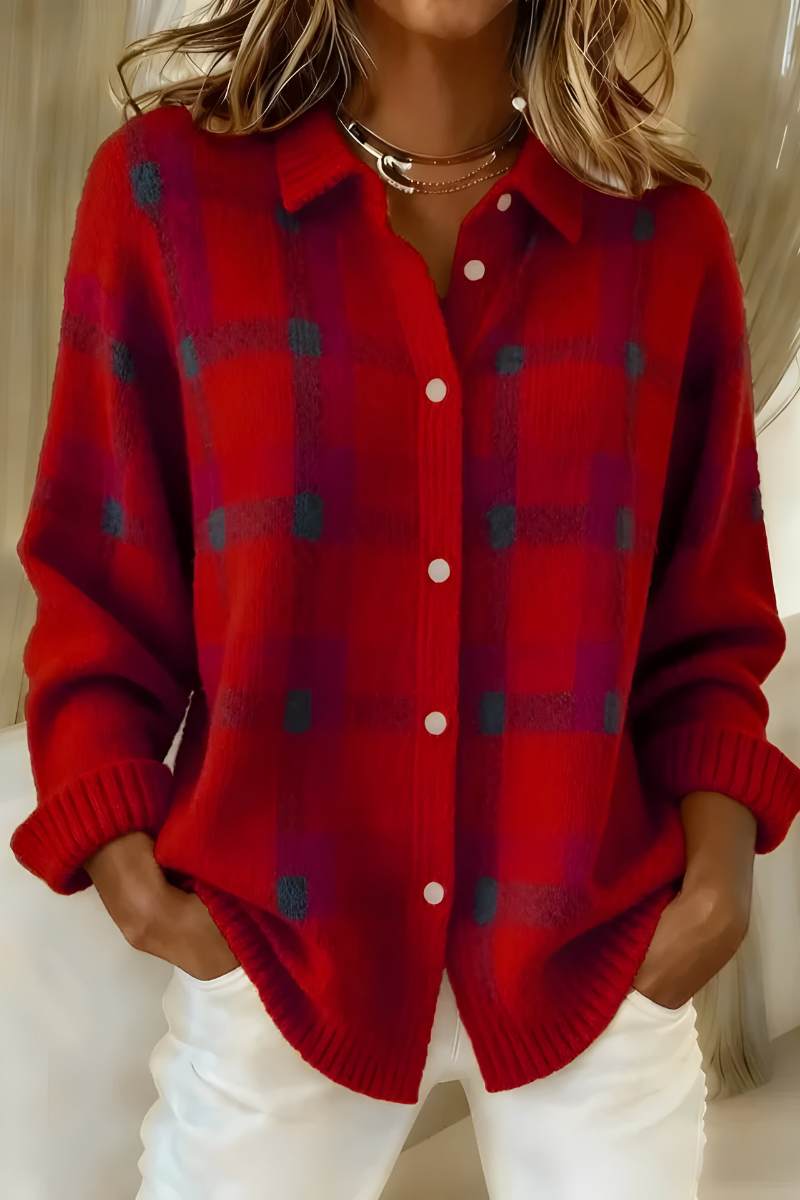 Chaqueta de Punto a Cuadros Acogedora en Rojo