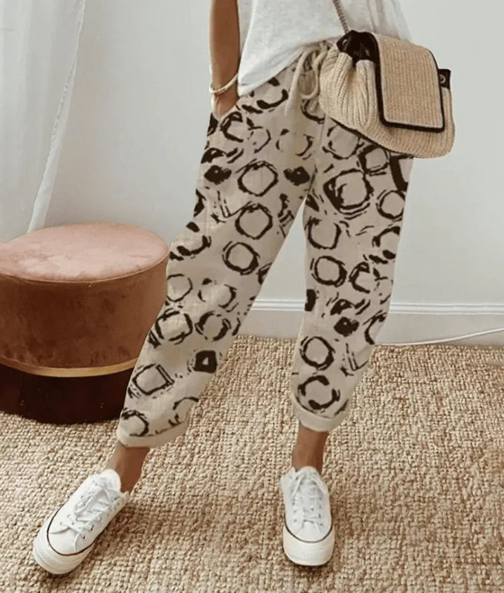 Cómodos pantalones de lino en Beige (mit Kreismuster)