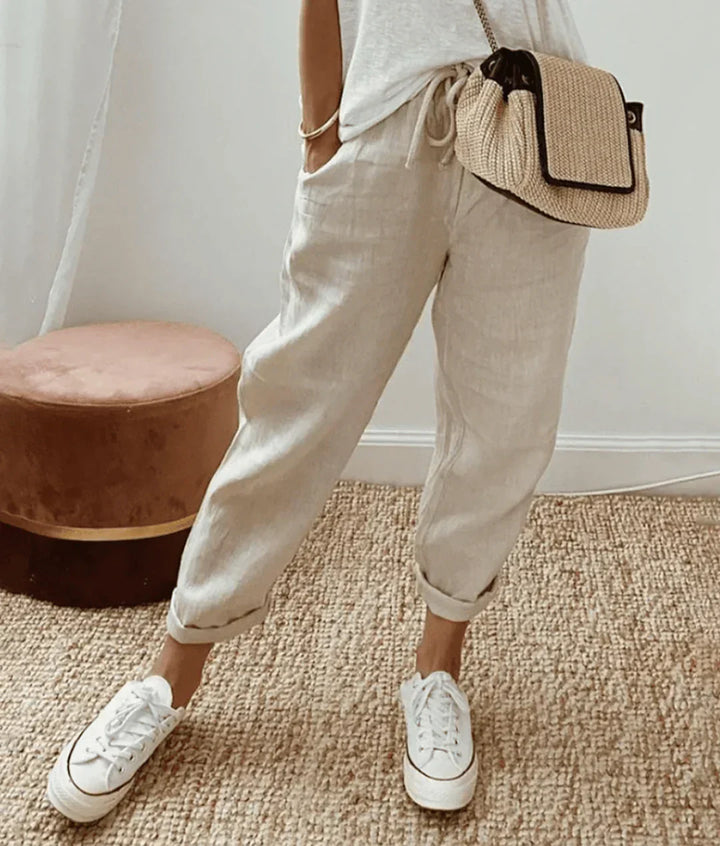 Cómodos pantalones de lino en Beige