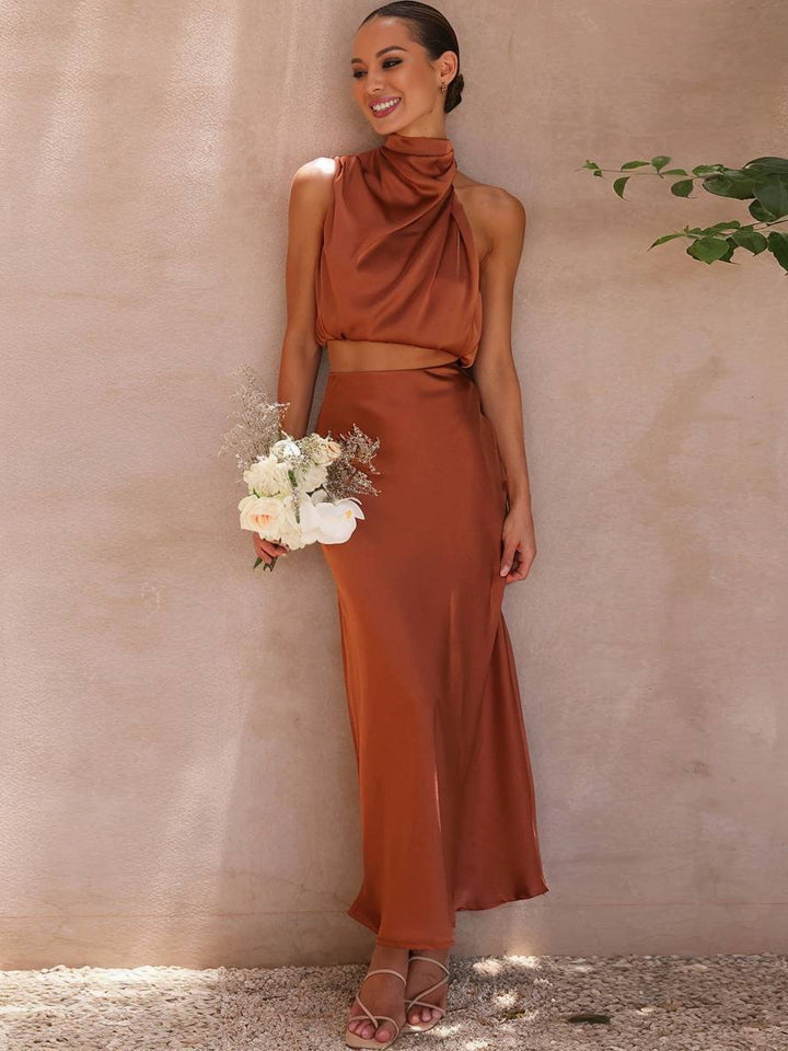 Conjunto de Dos Piezas para Invitada de Boda de Verano en Naranja