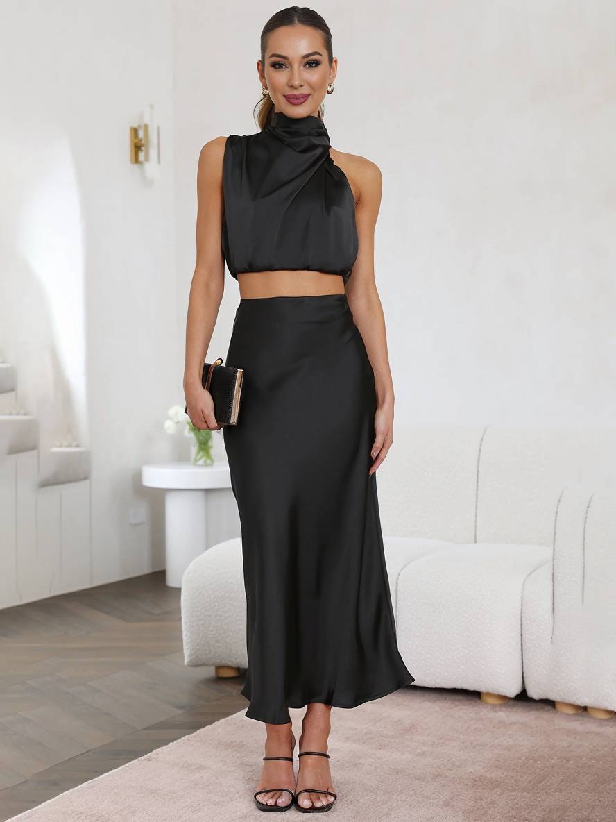 Conjunto de Dos Piezas para Invitada de Boda de Verano en Negro