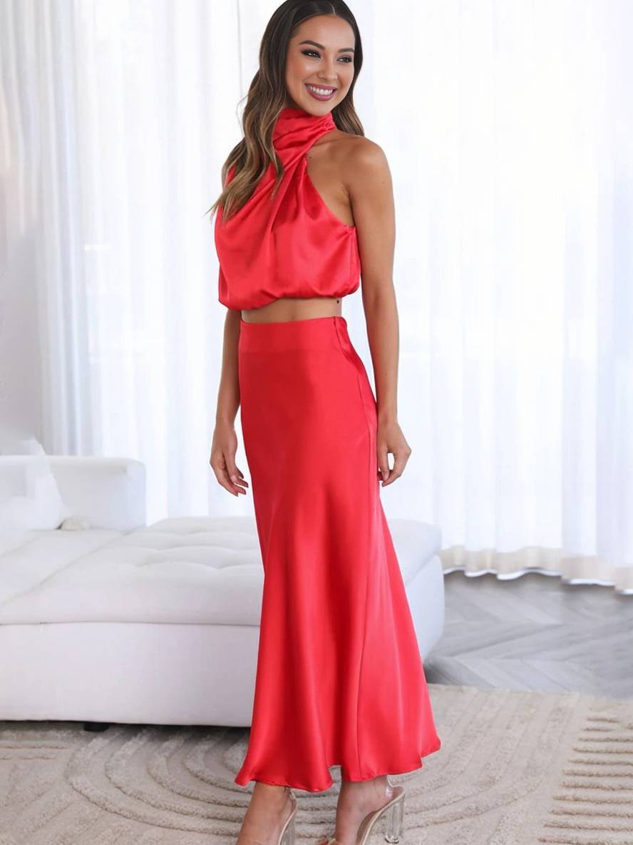 Conjunto de Dos Piezas para Invitada de Boda de Verano en Rojo 5