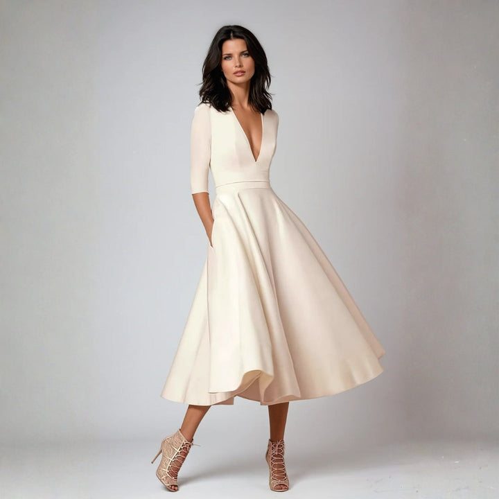 Damen Hochzeitsgast Elegantes Ausgestelltes Midikleid en Blanco