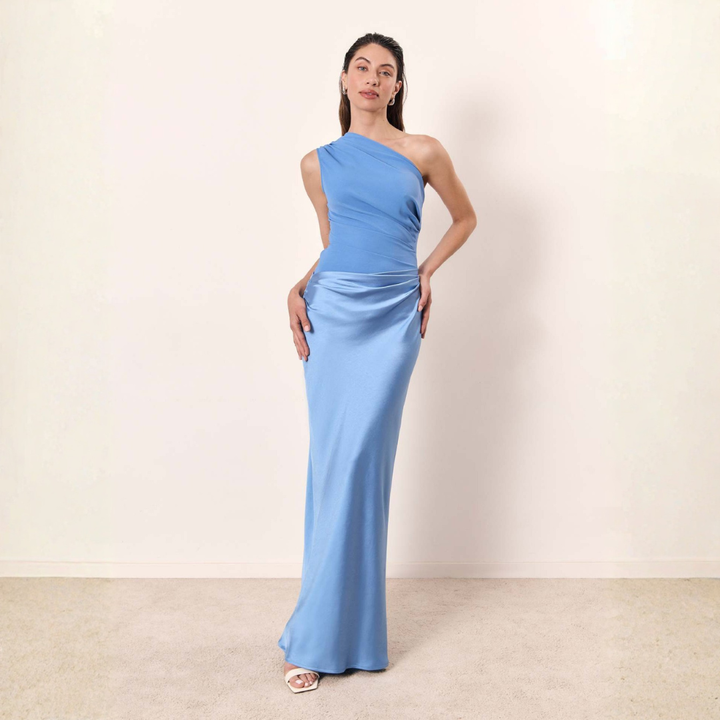 Damen Hochzeitsgast Kleid Ein-Schulter Abendkleid en Azul