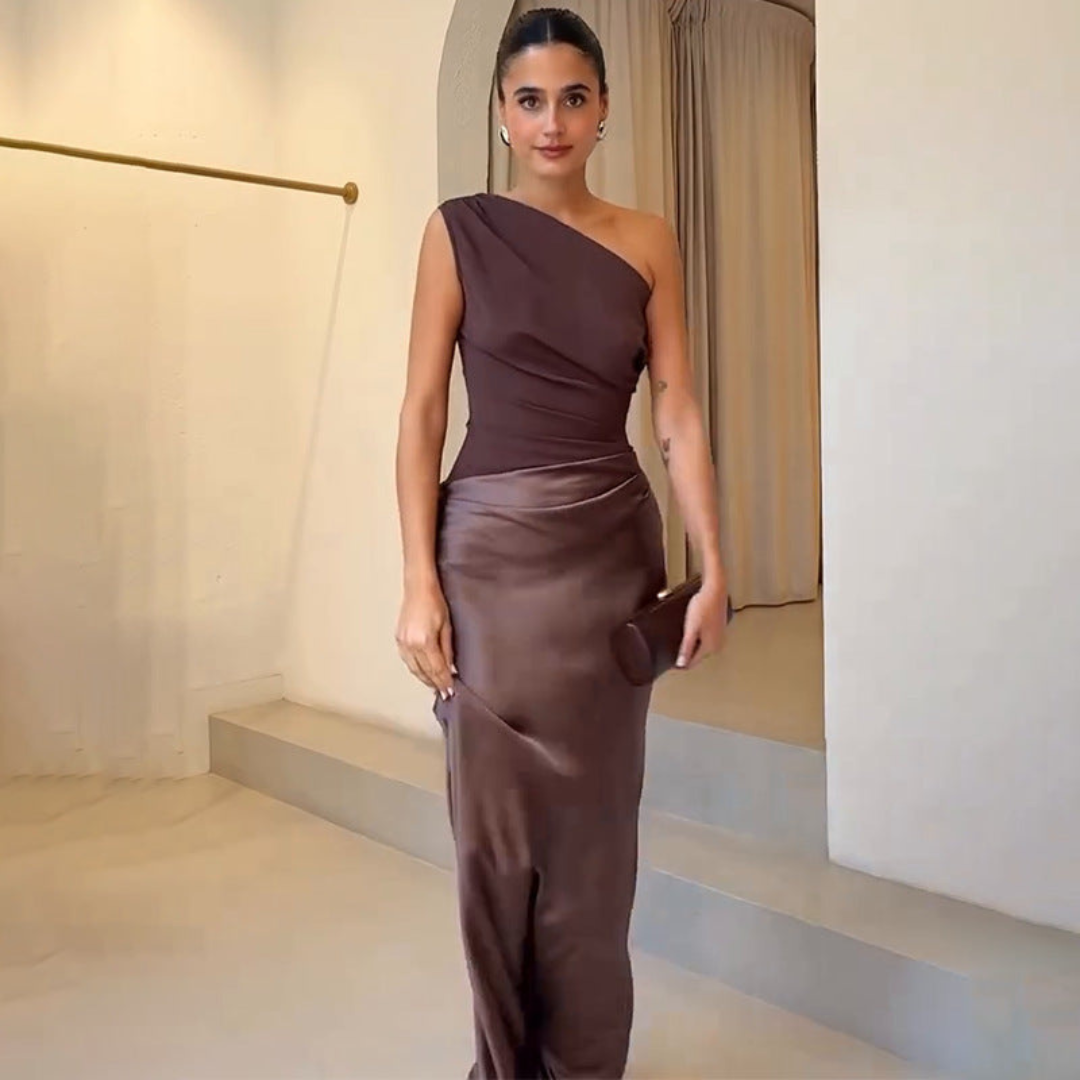 Damen Hochzeitsgast Kleid Ein-Schulter Abendkleid en Marrón oscuro