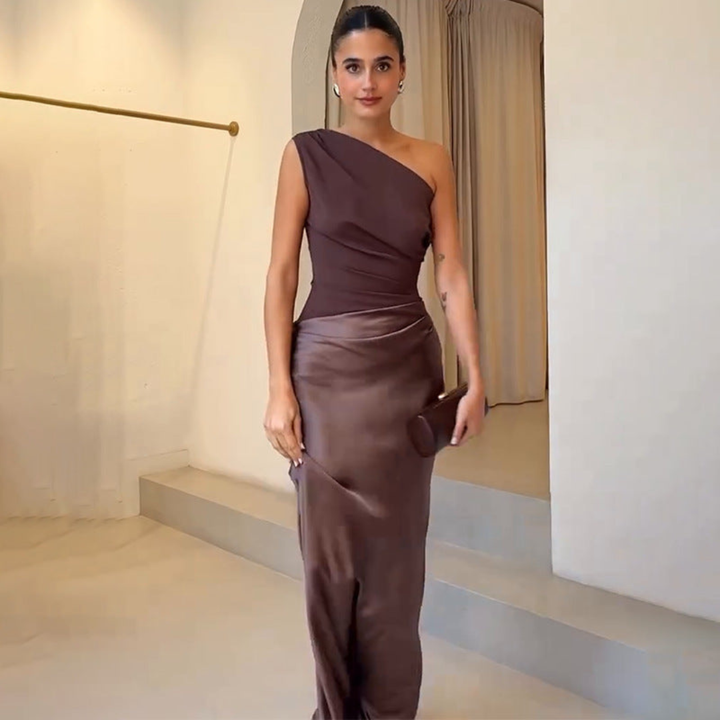 Damen Hochzeitsgast Kleid Ein-Schulter Abendkleid en Marrón oscuro