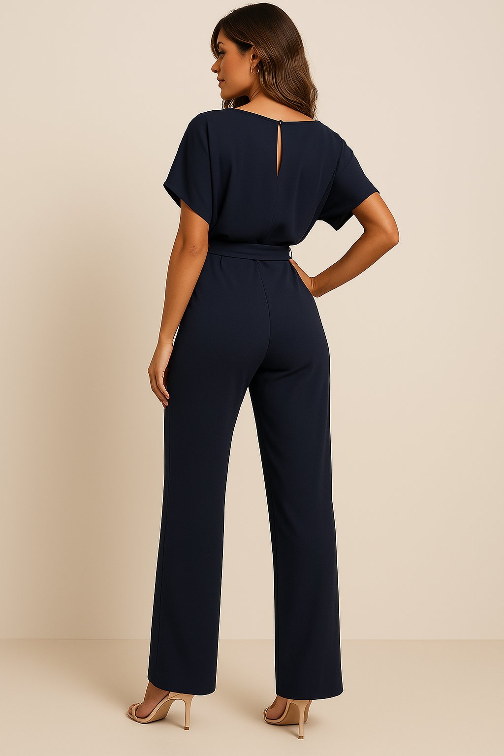 Damen Kurzarm Bindegürtel Weites-Bein Jumpsuit (10)