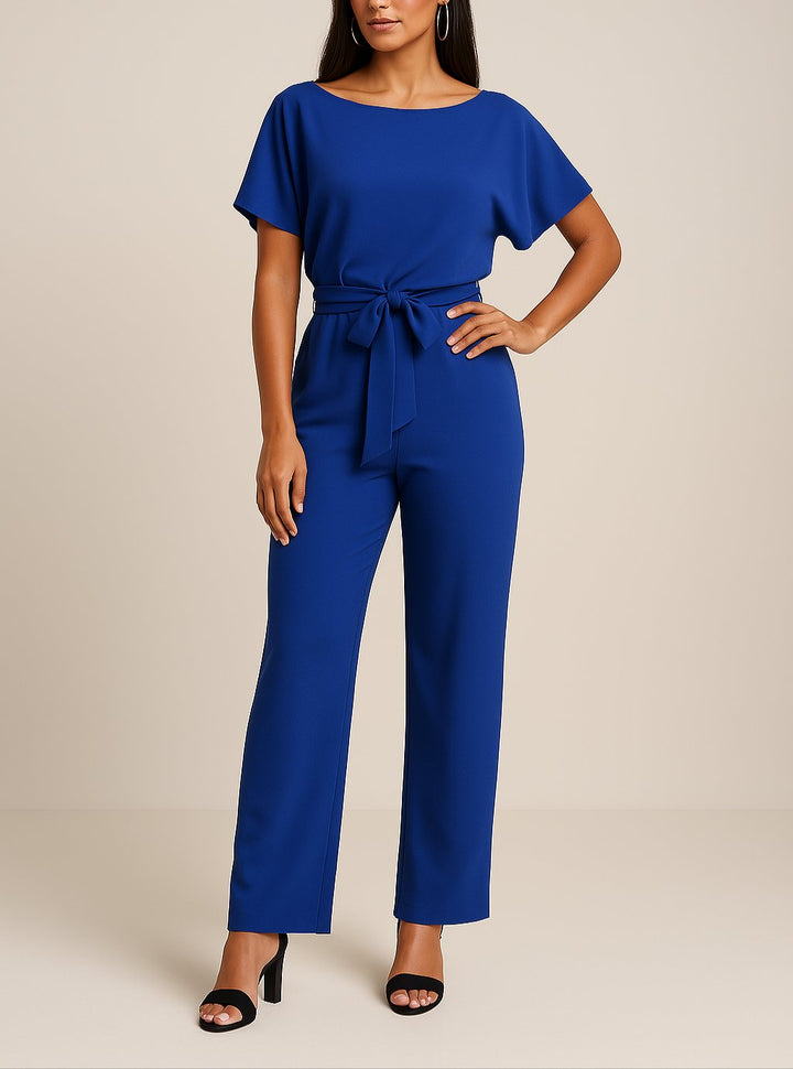 Damen Kurzarm Bindegürtel Weites-Bein Jumpsuit en Azul