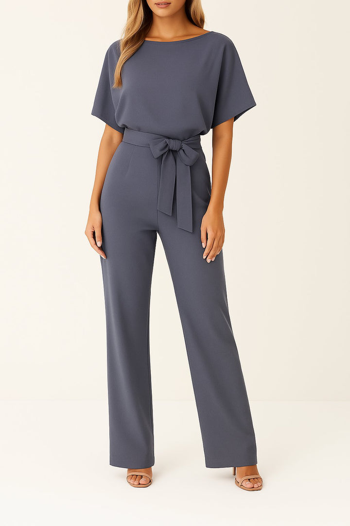 Damen Kurzarm Bindegürtel Weites-Bein Jumpsuit en Gris