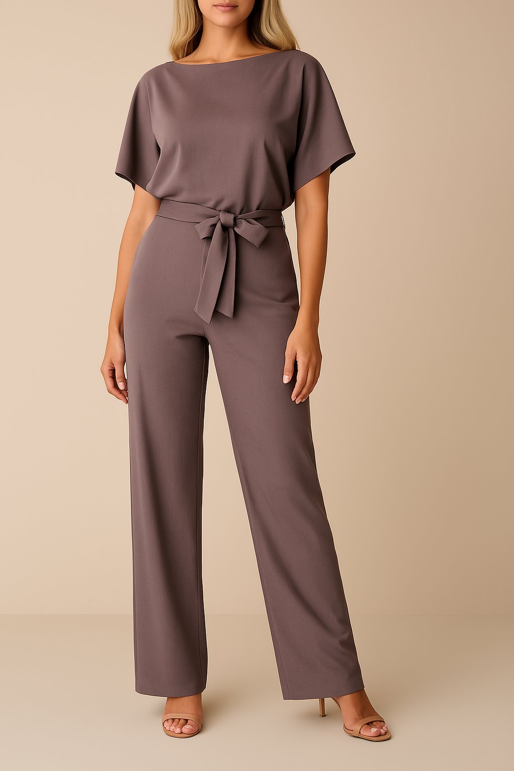 Damen Kurzarm Bindegürtel Weites-Bein Jumpsuit en Morado