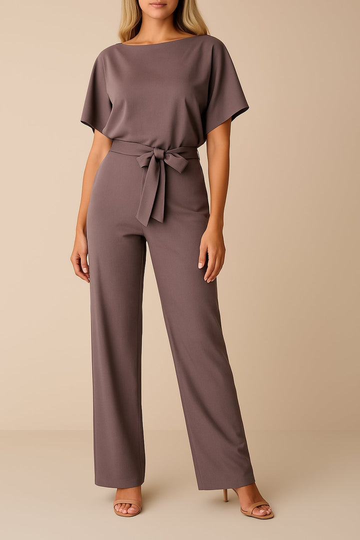 Damen Kurzarm Bindegürtel Weites-Bein Jumpsuit en Morado