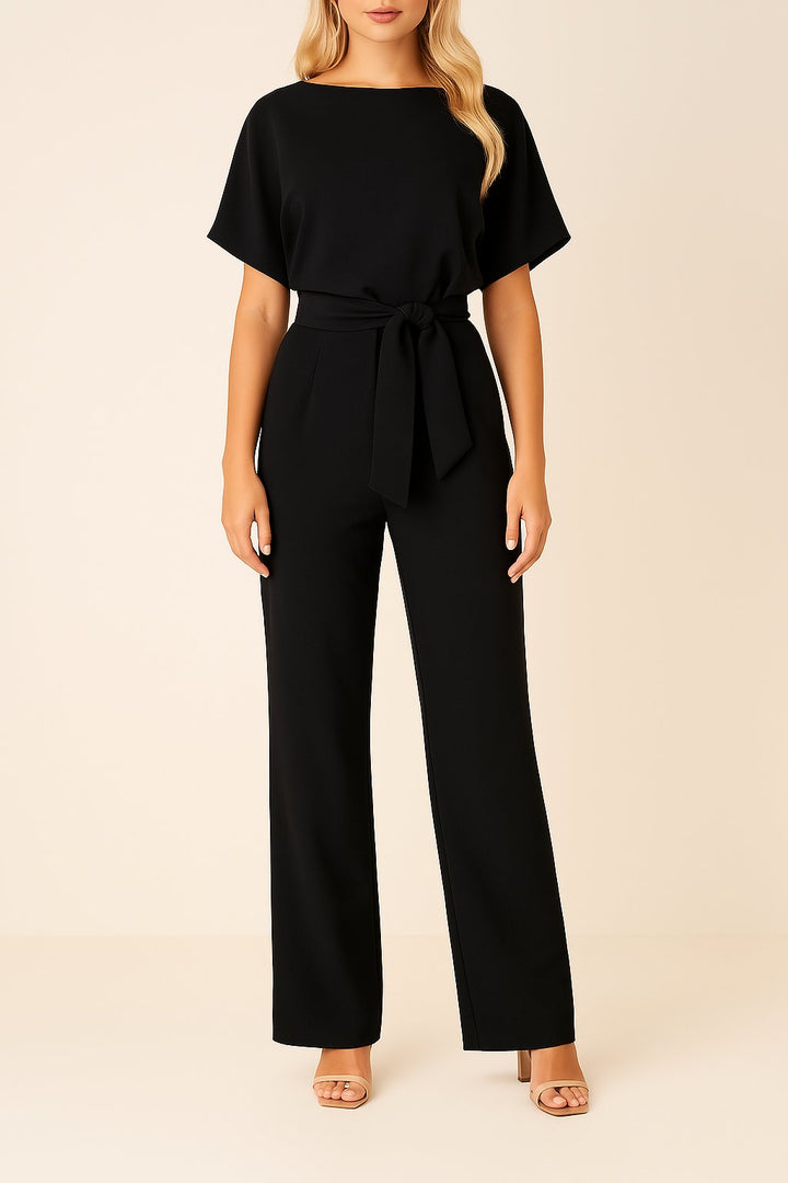 Damen Kurzarm Bindegürtel Weites-Bein Jumpsuit en Negro