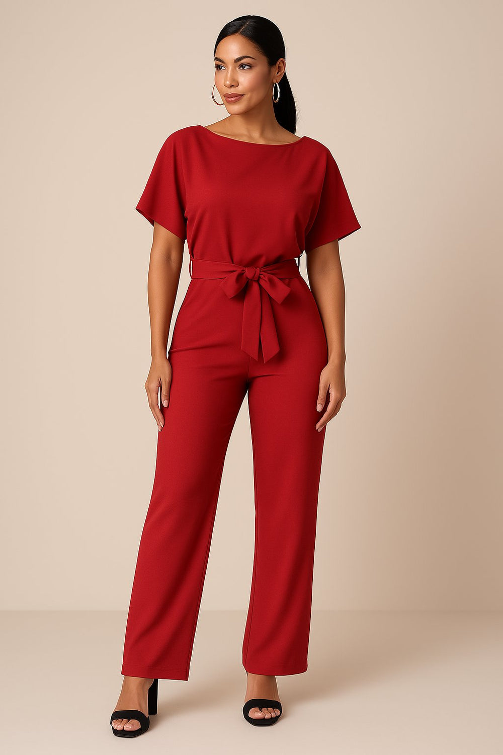 Damen Kurzarm Bindegürtel Weites-Bein Jumpsuit en Rojo