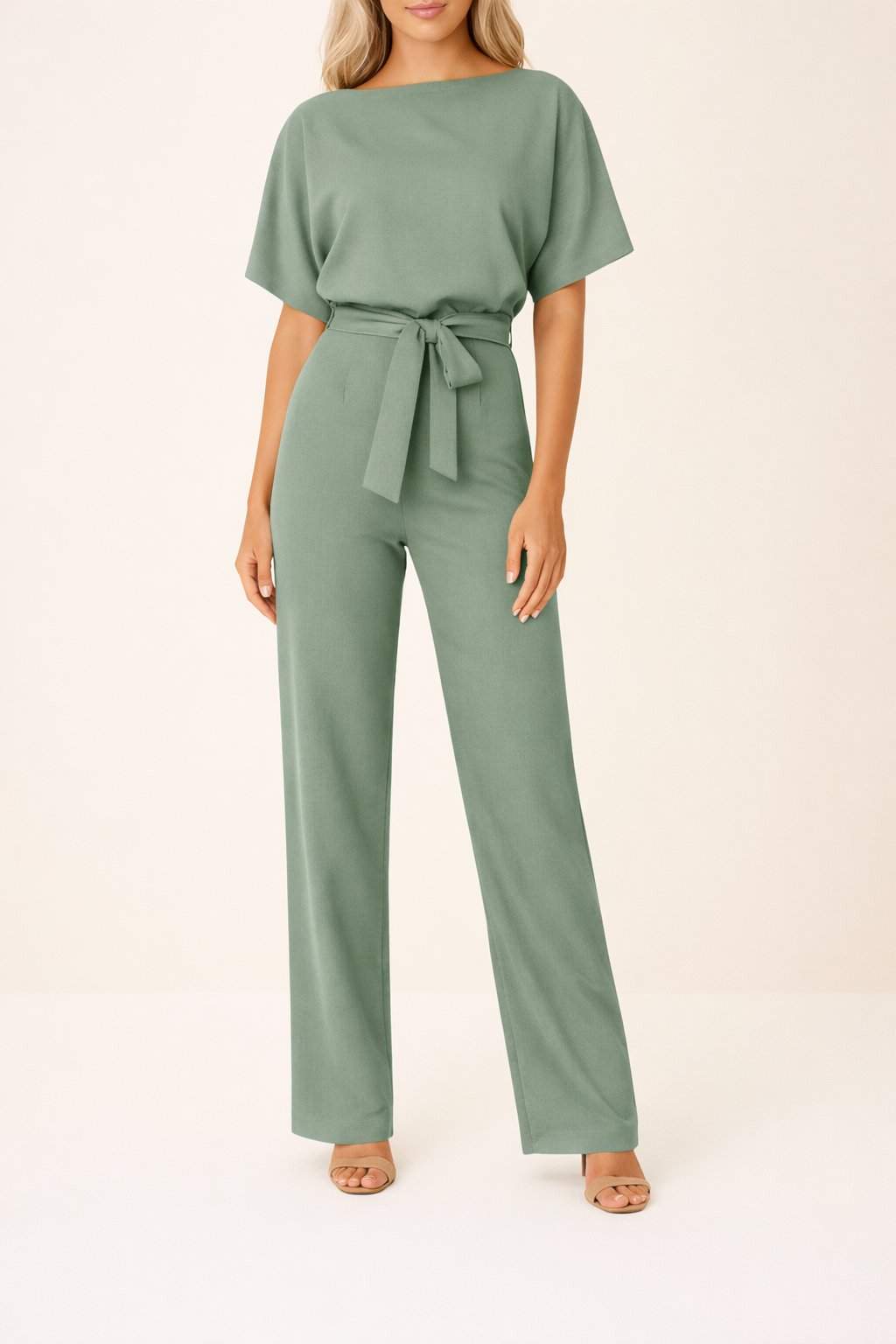 Damen Kurzarm Bindegürtel Weites-Bein Jumpsuit en Verde
