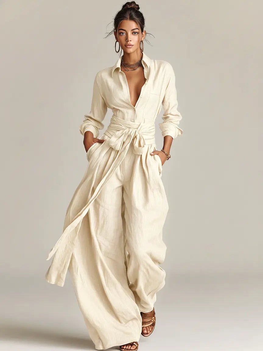 Damen Linen Langarm Hemdkragen Gürtel en Blanco