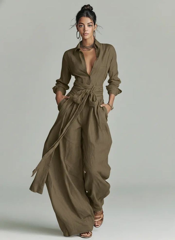 Damen Linen Langarm Hemdkragen Gürtel en Kaltes Braun