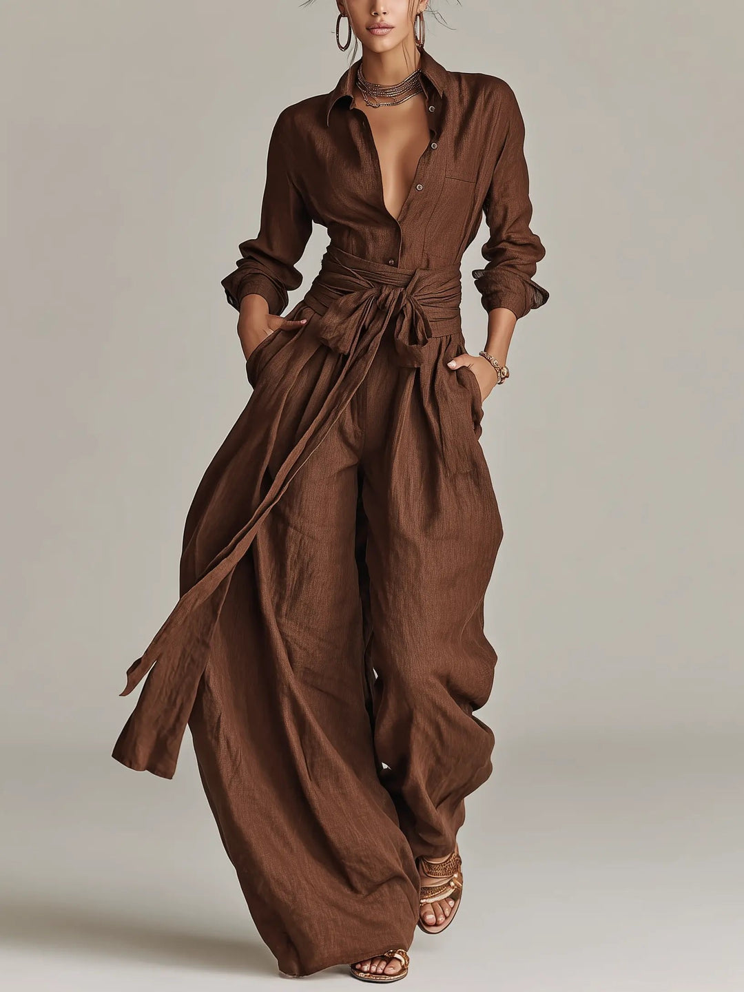 Damen Linen Langarm Hemdkragen Gürtel en Marrón
