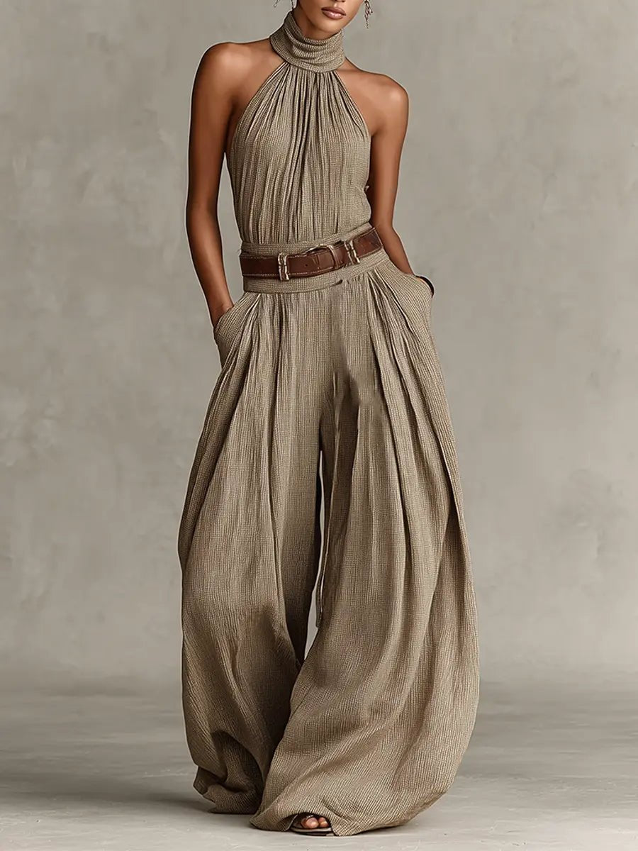Damen Neckholder Weites Bein Jumpsuit en Marrón