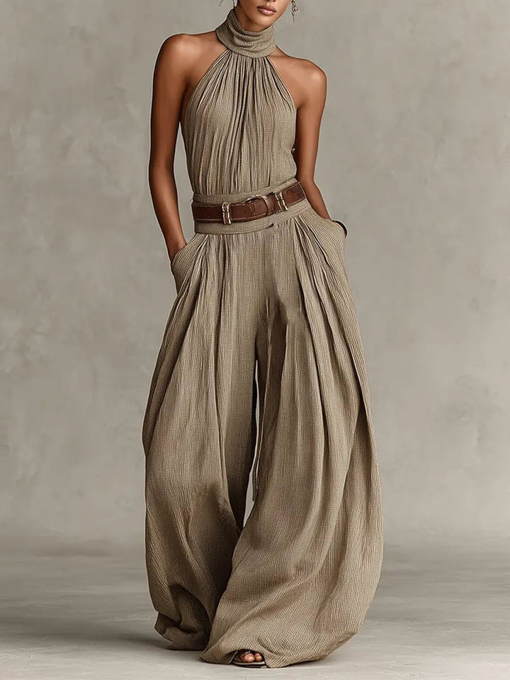 Damen Neckholder Weites Bein Jumpsuit en Marrón
