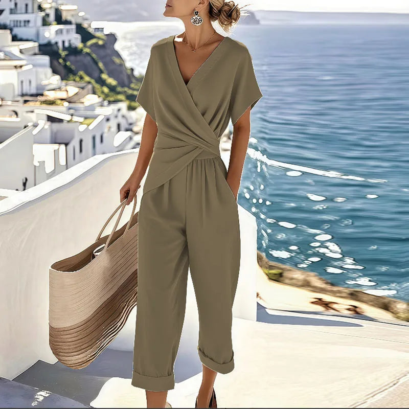 Elegante Conjunto Envolvente de Verano en Caqui