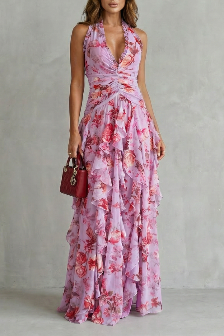 Elegante Vestido Halter Maxi en Rosa