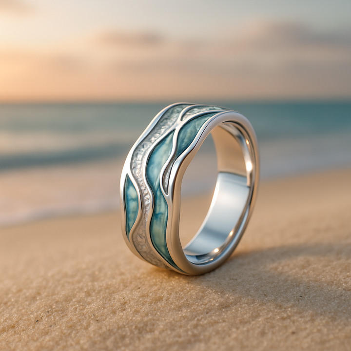 Anillo de Olas de Color plata Elegante en Turquesa