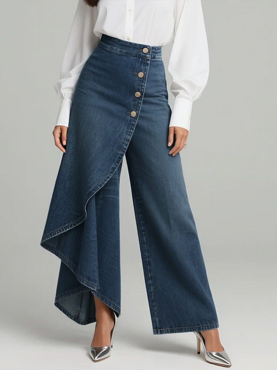 Jeans Mujer Cintura Alta Pierna Ancha Relajado en Azul marino