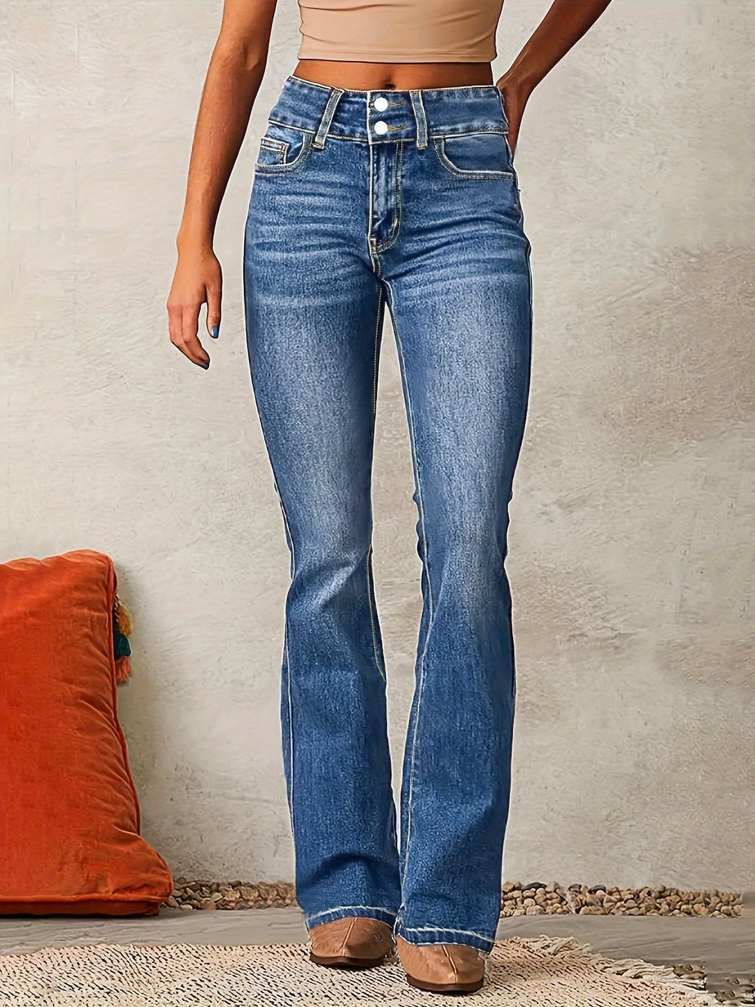 Jeans Mujer de Cintura Alta Pierna Ancha en Meeresblau