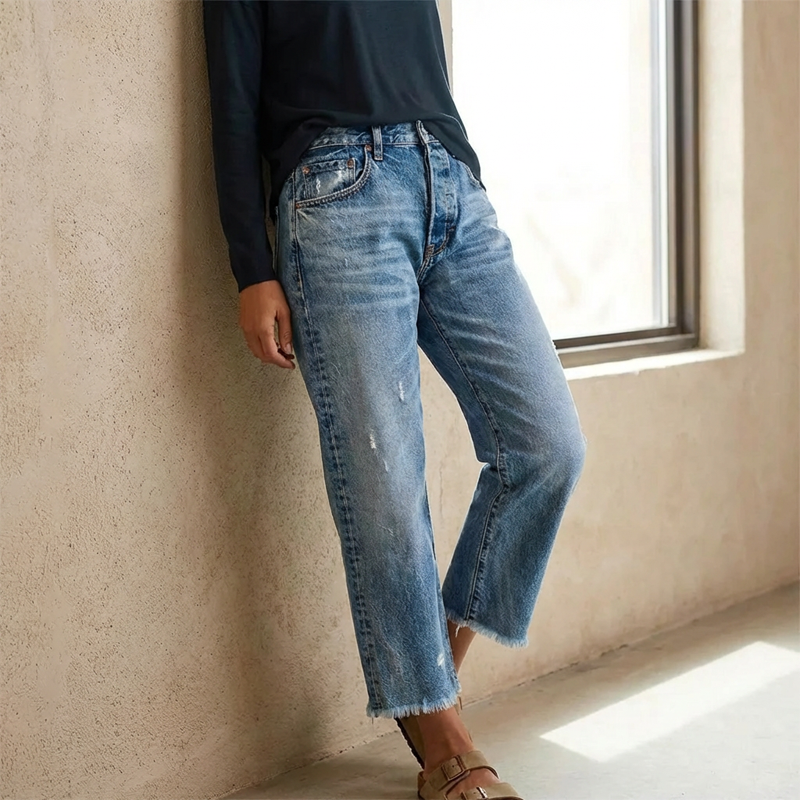 Jeans Rectos Cortos Retro para Mujer (3)