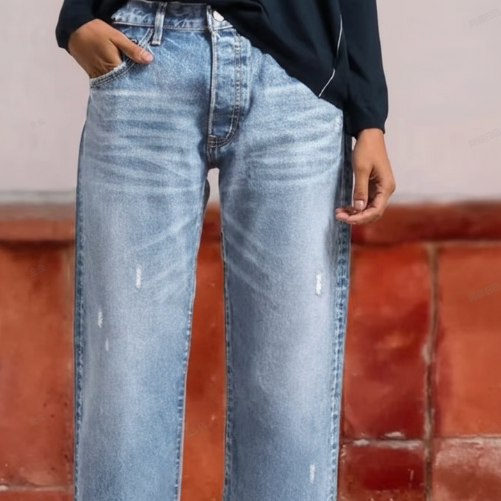 Jeans Rectos Cortos Retro para Mujer en Azul claro