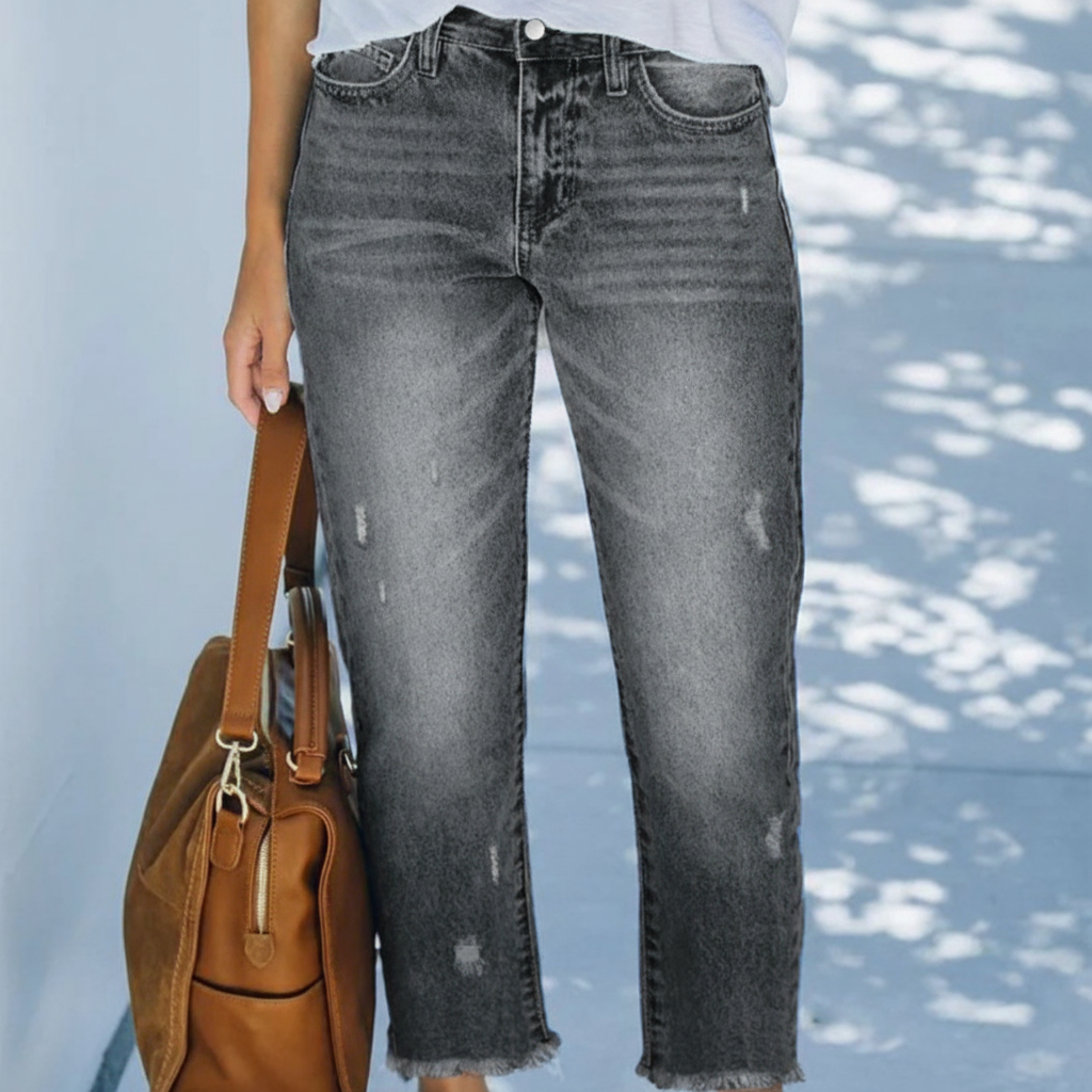 Jeans Rectos Cortos Retro para Mujer en Gris