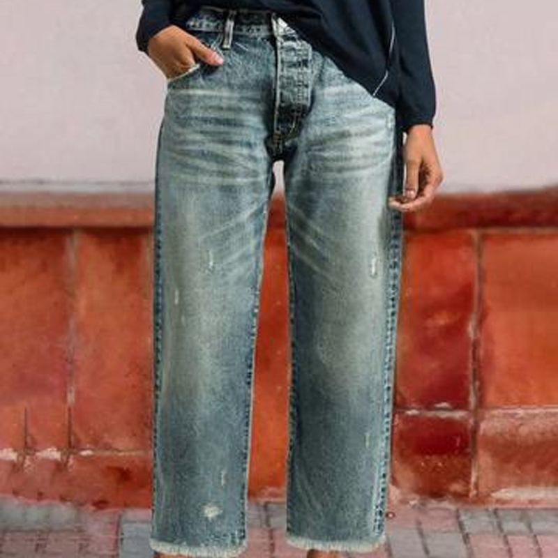 Jeans Rectos Cortos Retro para Mujer en Mittelblau