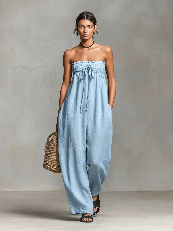 Jumpsuit de Mujer Lino Piernas Anchas Verano en Azul claro