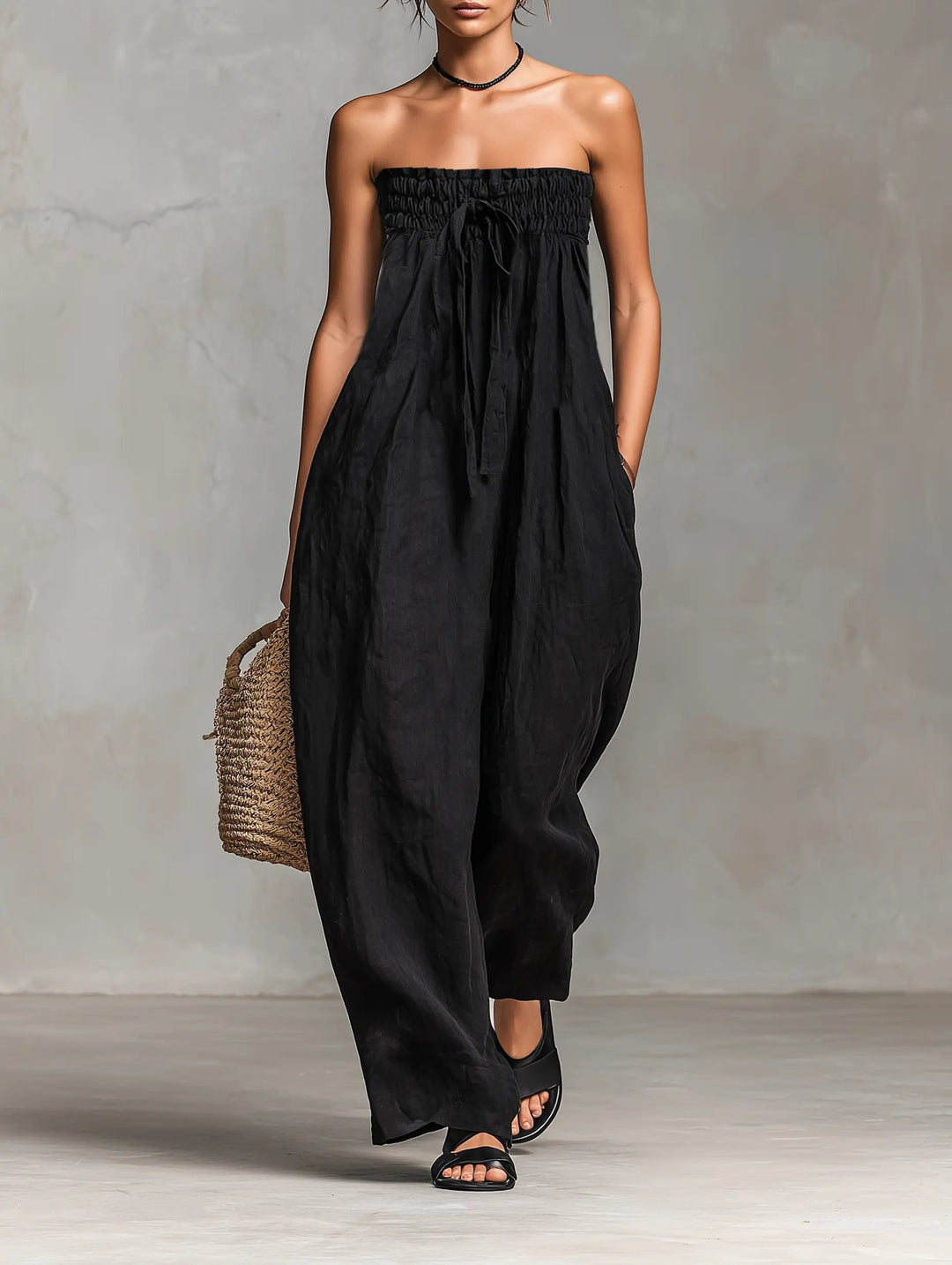 Jumpsuit de Mujer Lino Piernas Anchas Verano en Negro