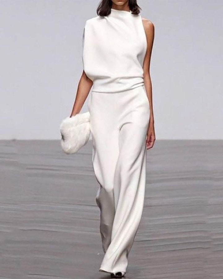 Jumpsuit Elegante de Pierna Ancha para Mujer en Blanco