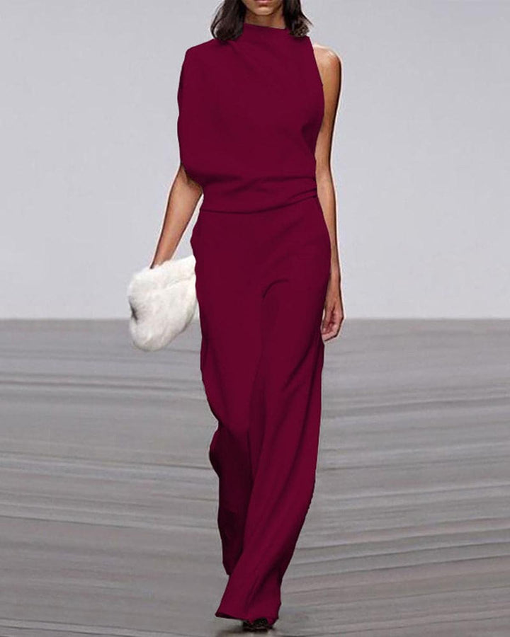 Jumpsuit Elegante de Pierna Ancha para Mujer en Rojo oscuro