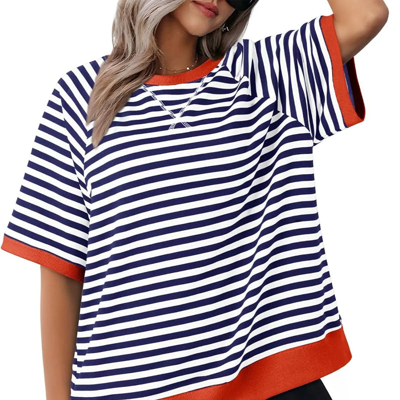 Lässiges Gestreiftes T-shirt Womens t-shirt en Blau + Rot