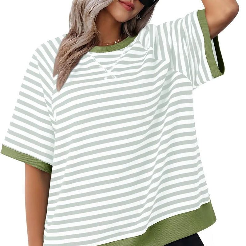Lässiges Gestreiftes T-shirt Womens t-shirt en Grau + Grün