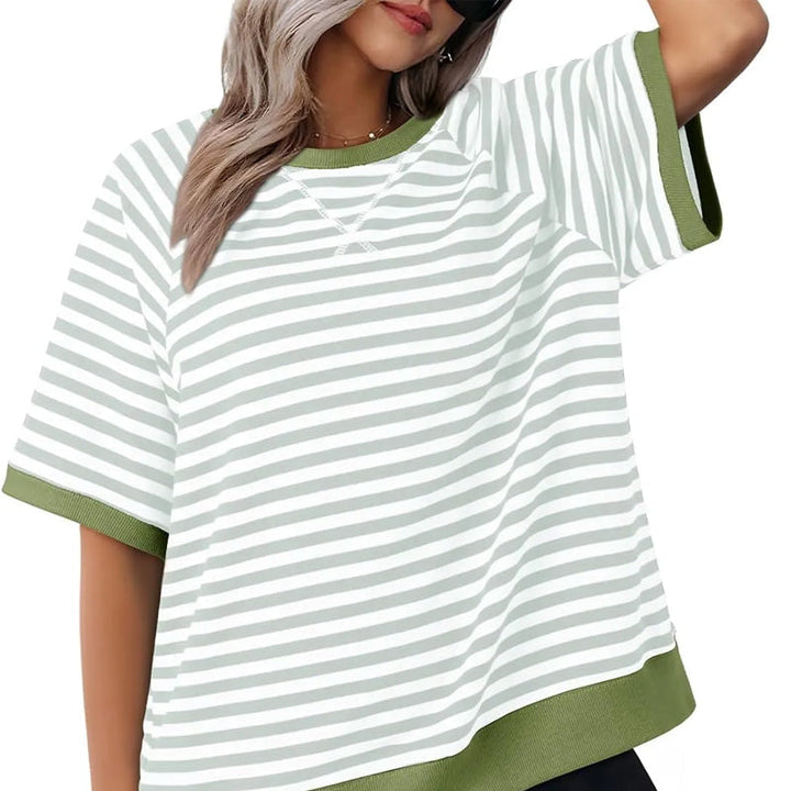 Lässiges Gestreiftes T-shirt Womens t-shirt en Grau + Grün