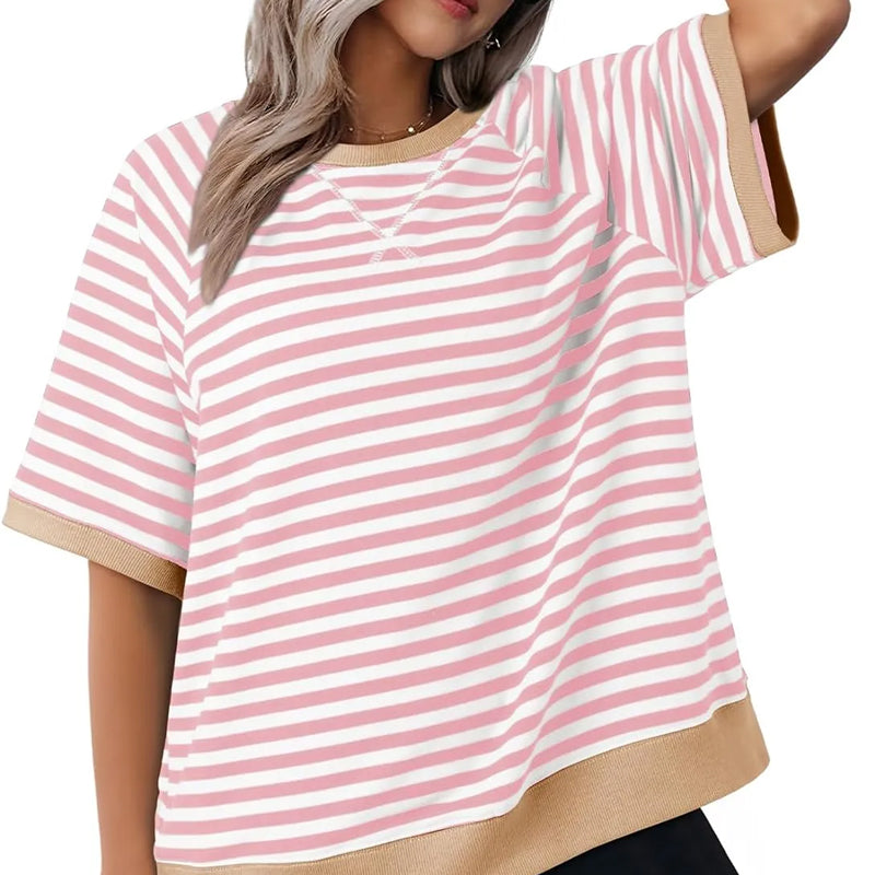Lässiges Gestreiftes T-shirt Womens t-shirt en Rosa + Braun