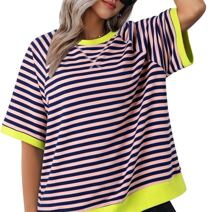 Lässiges Gestreiftes T-shirt Womens t-shirt en Rosa + Gelb